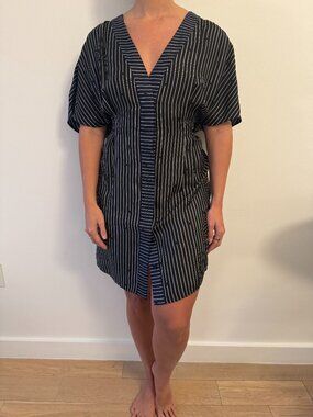 DIANE VON FURSTENBERG (DVF) Silk Wrap Dress Navy Black Pinstripe Kimono Style L